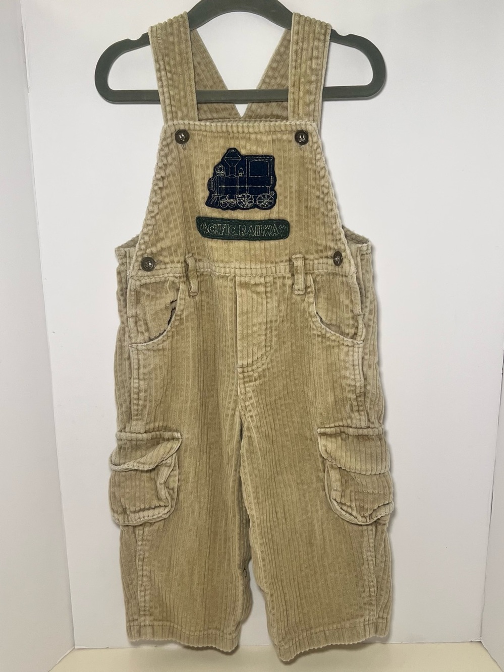 Vintage Corduroy Overalls Toddler Beige Train Pacific Railway Cargo Unisex Y2K